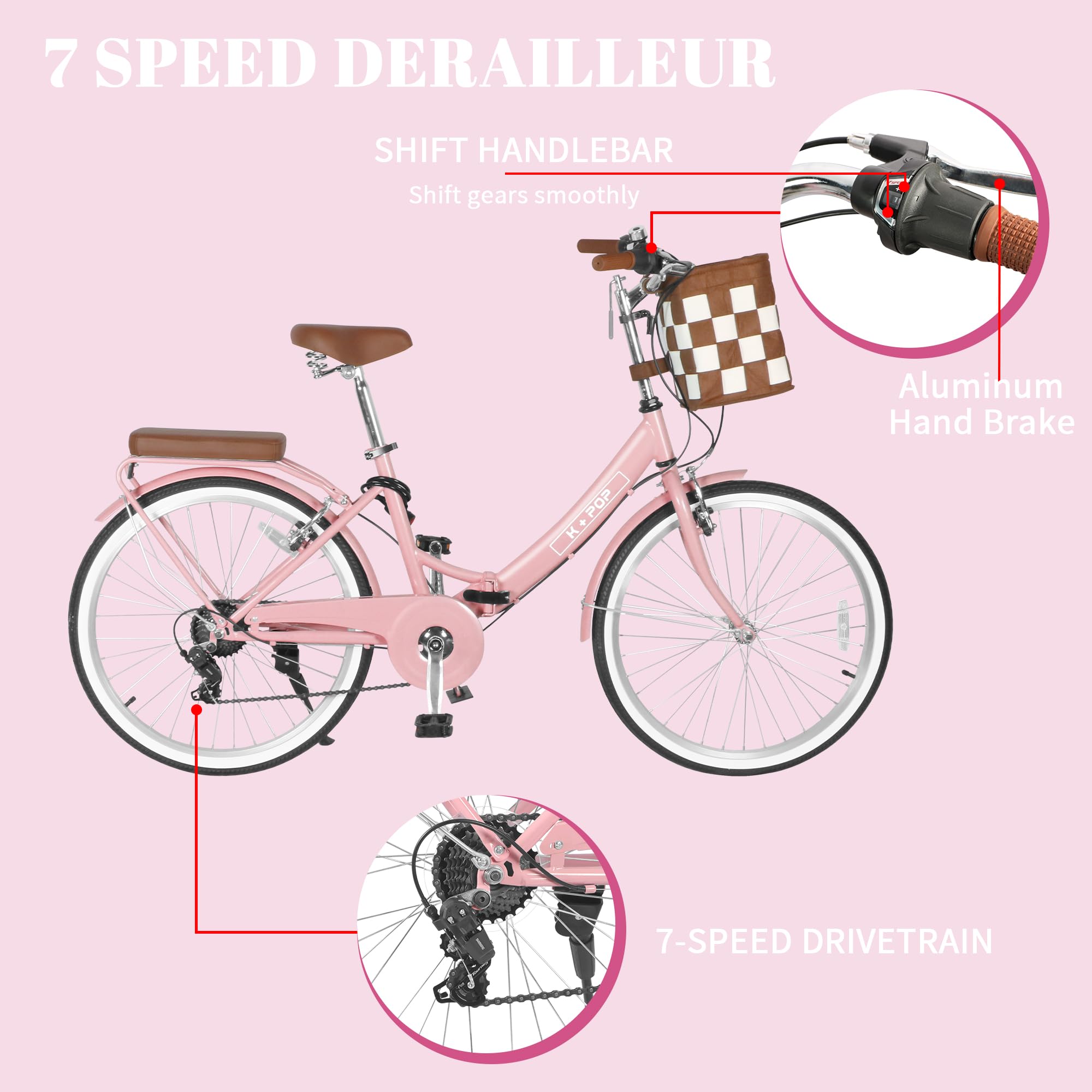 24-Inch Foldable Beach Cruiser Bike for Women - 7-Speed Commuter Bicycle with Front Basket, Classic Paint & Streamlined Design | Perfect for City Riding, Fitness Exercise & Beach Vacations