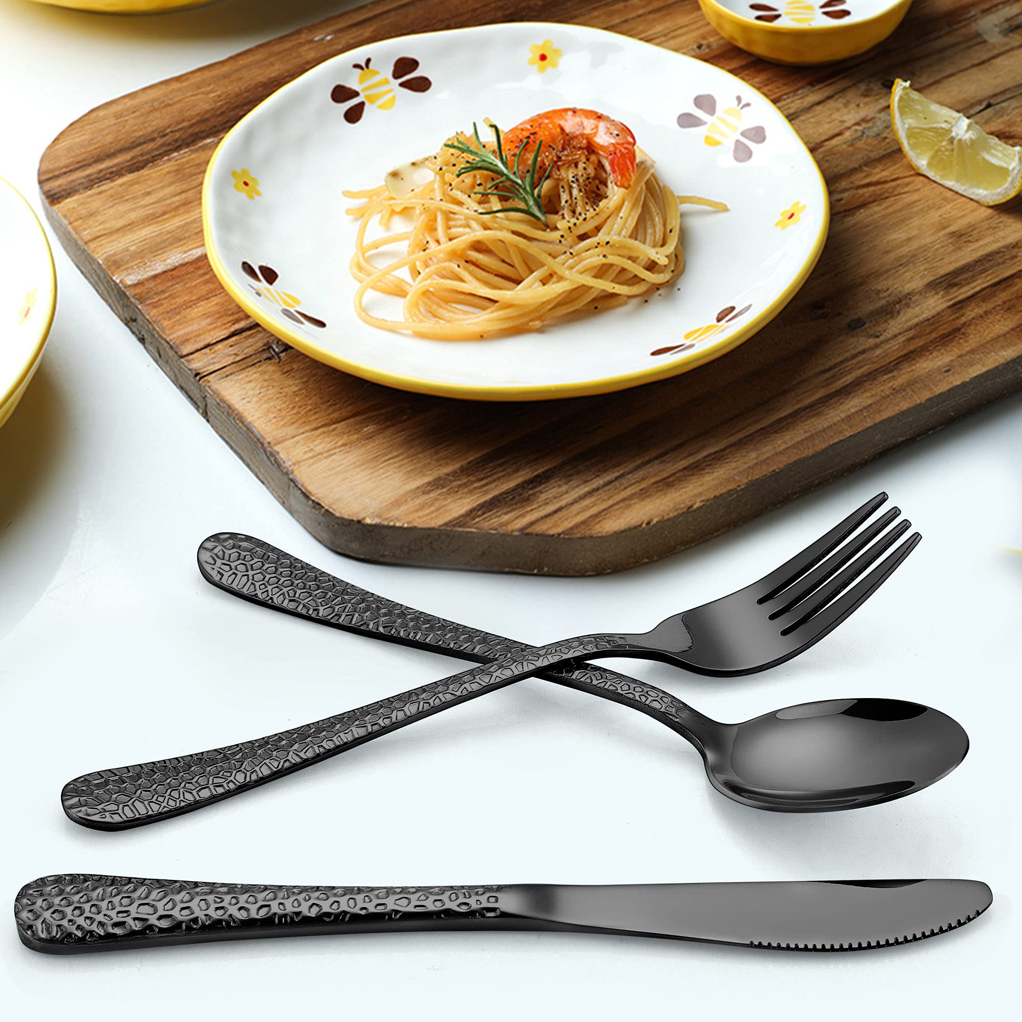 LIANYU 9-Piece Kids Stainless Steel Silverware Set - Black Hammered Metal Flatware for Toddlers & Preschoolers (Knives, Forks, Spoons) | Dishwasher Safe | Perfect for Home, School Lunch & Travel