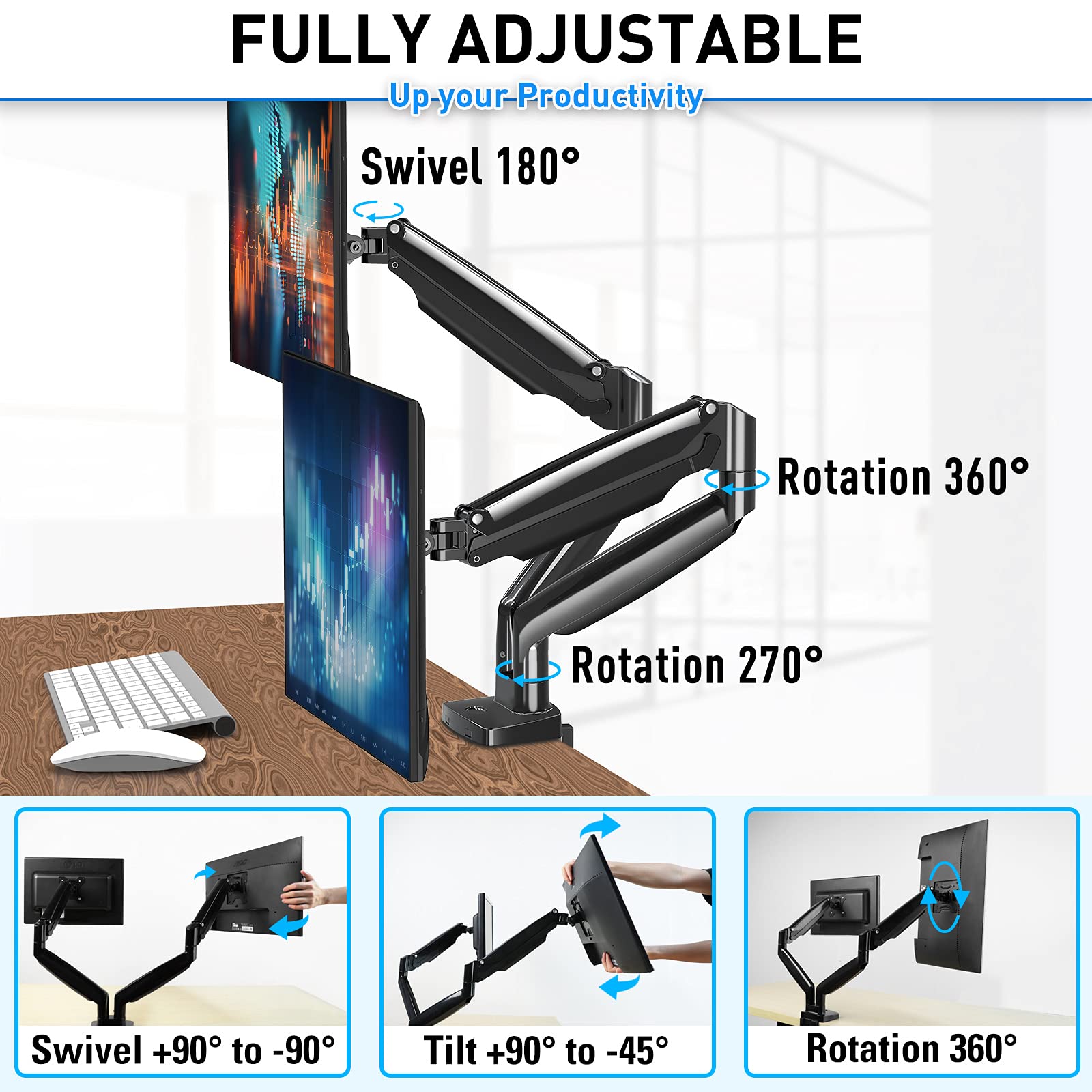 MOUNTUP Heavy Duty Dual Monitor Stand - Die-Cast Aluminum Monitor Arm for Ultrawide Screens | Ergonomic Desk Mount for Home Office & Gaming Setup
