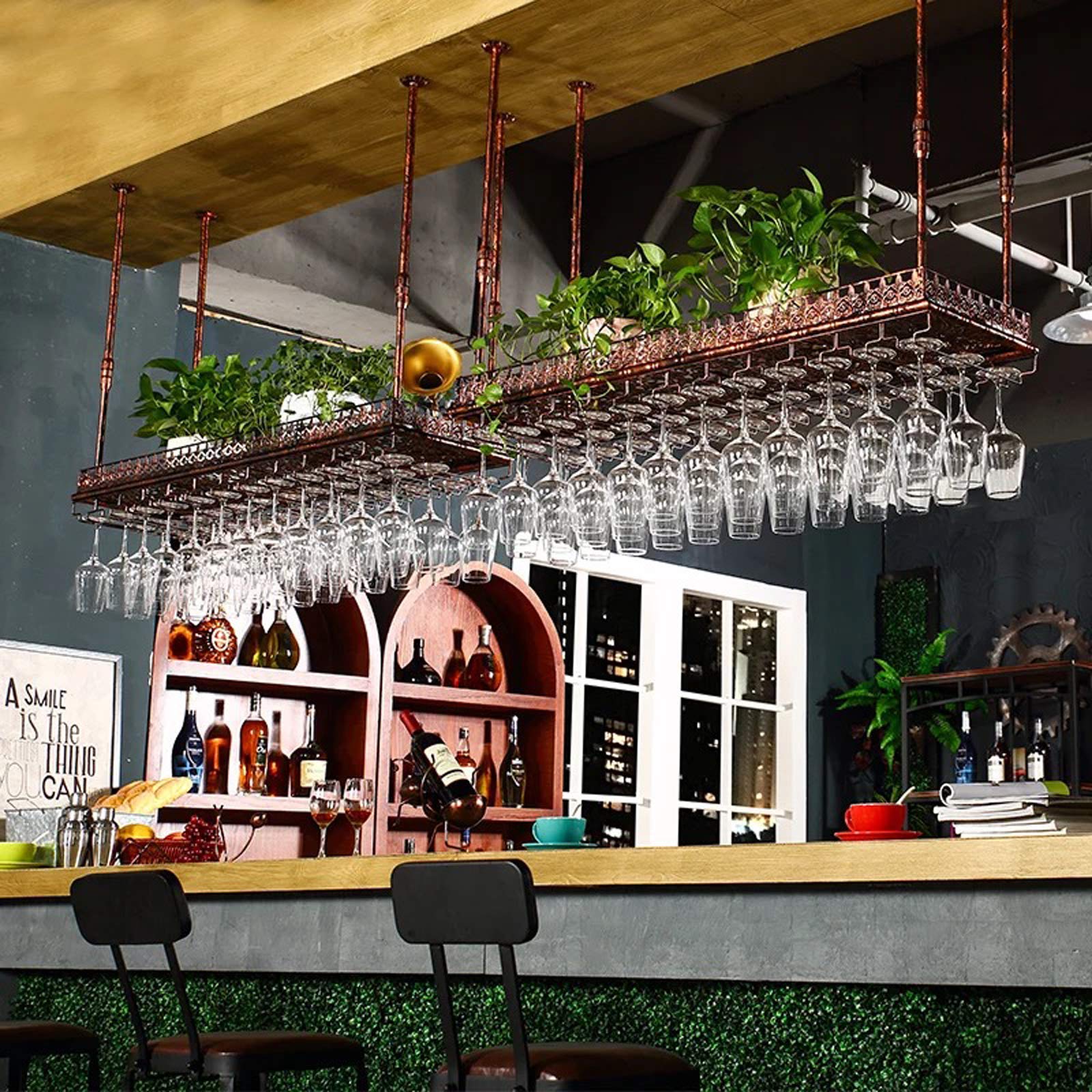 Industrial Retro Metal Wine Glass Hanging Rack - Adjustable Ceiling Mount Floating Shelf for Bars, Restaurants & Kitchens - Bronze (60x35cm) - Perfect for Wine Storage & Home Decor