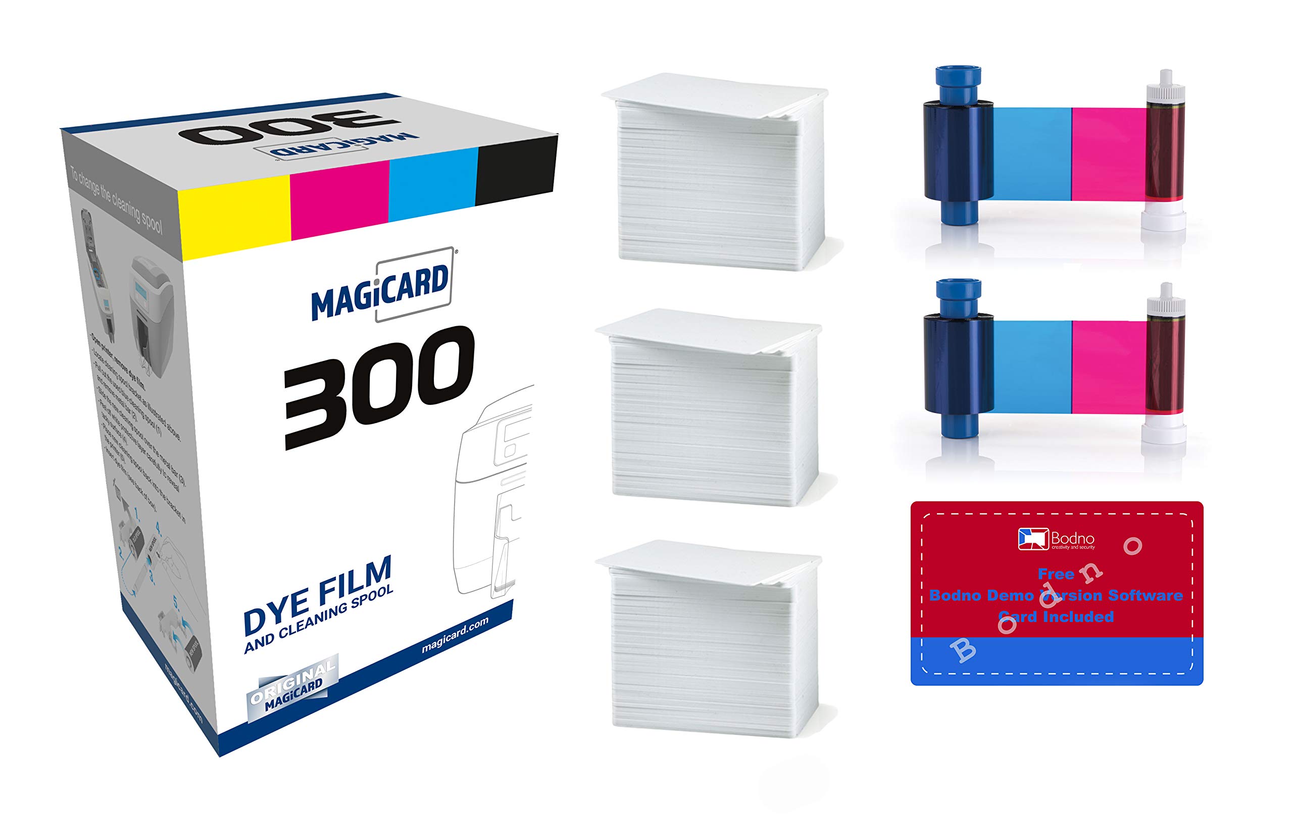 Magicard 300 Printer with 2 x MC300YMCKO Color Ribbons - YMCKO (600 Total Prints) & Bodno Premium CR80 30 Mil PVC Cards (300 Qty) - High-Quality ID Badge Printing for Offices, Schools & Events