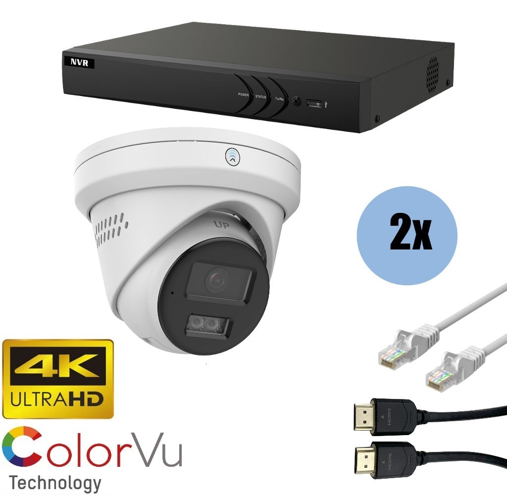 2-Pack 4K Ultra HD 8MP ColorVu Security Camera Kit with NVR & Cables - Outdoor/Indoor Home Surveillance System for Day & Night Monitoring