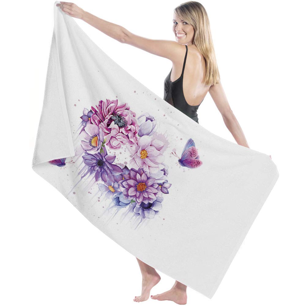 Soft Lightweight Bath Sheets Towel - Absorbent Quick Dry Microfiber Shower Towel for Bathroom, Travel, Swim & Spa - 27x55 Inch Watercolor Floral Butterfly Design - Purple & Pink - For Kids & Adults - Perfect for Beach, Gym, Yoga & Home Use