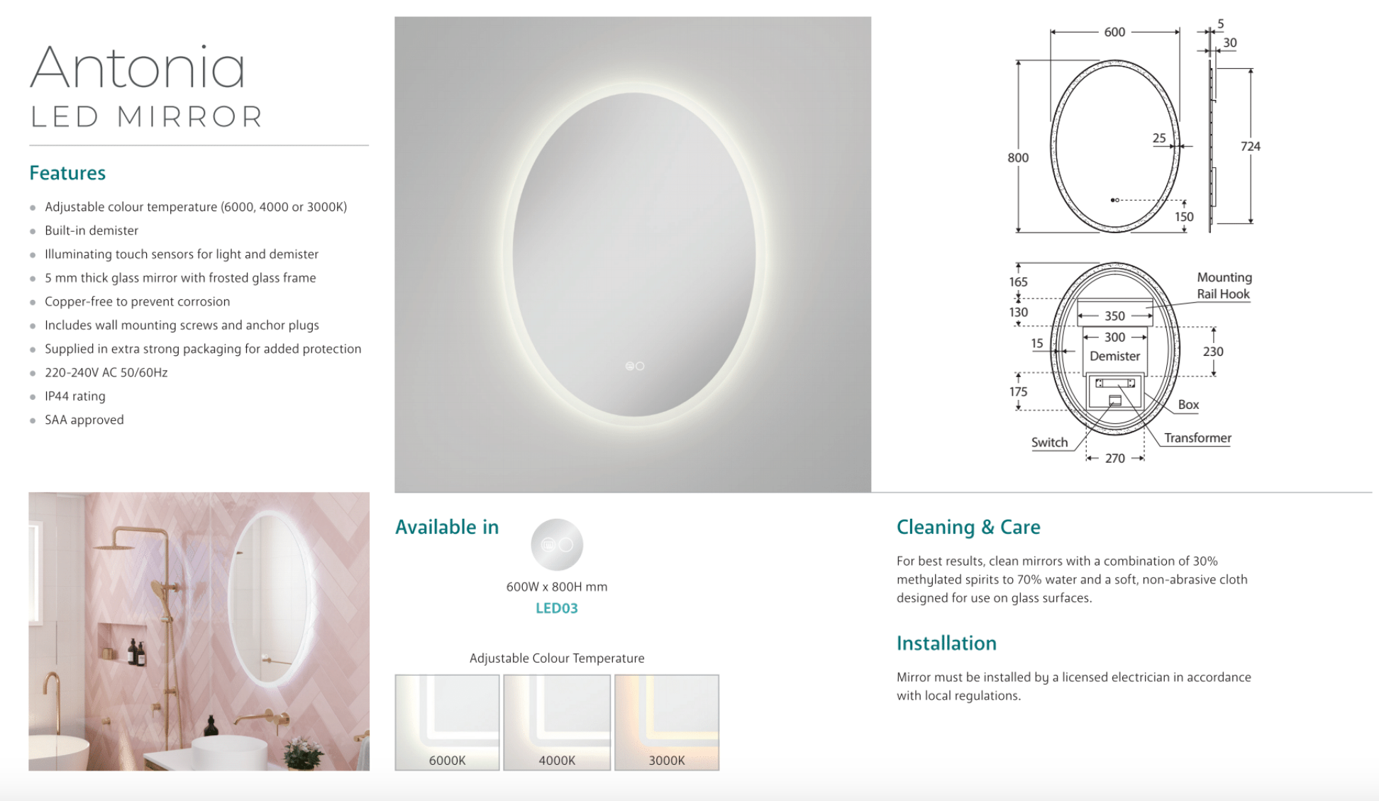 Fienza LED03 Antonia Oval LED Mirror - Modern Bathroom Vanity Mirror with Adjustable Lighting for Makeup, Shaving & Grooming