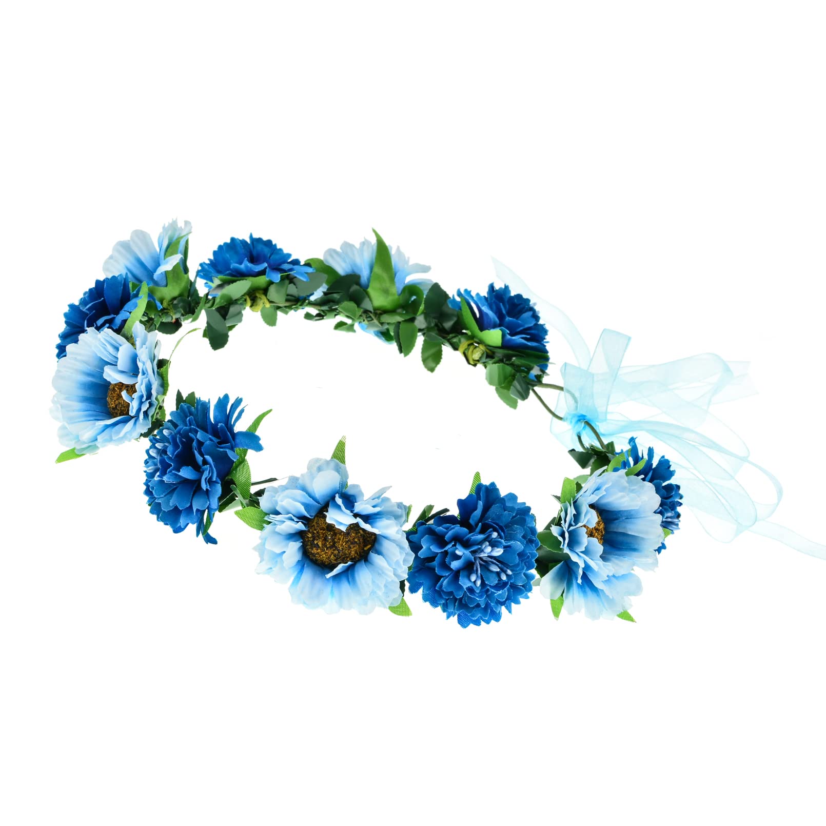 Blue Rose Flower Leaf Crown Bridal Halo Headband with Adjustable Ribbon - Perfect for Weddings, Boho Parties & Photo Shoots