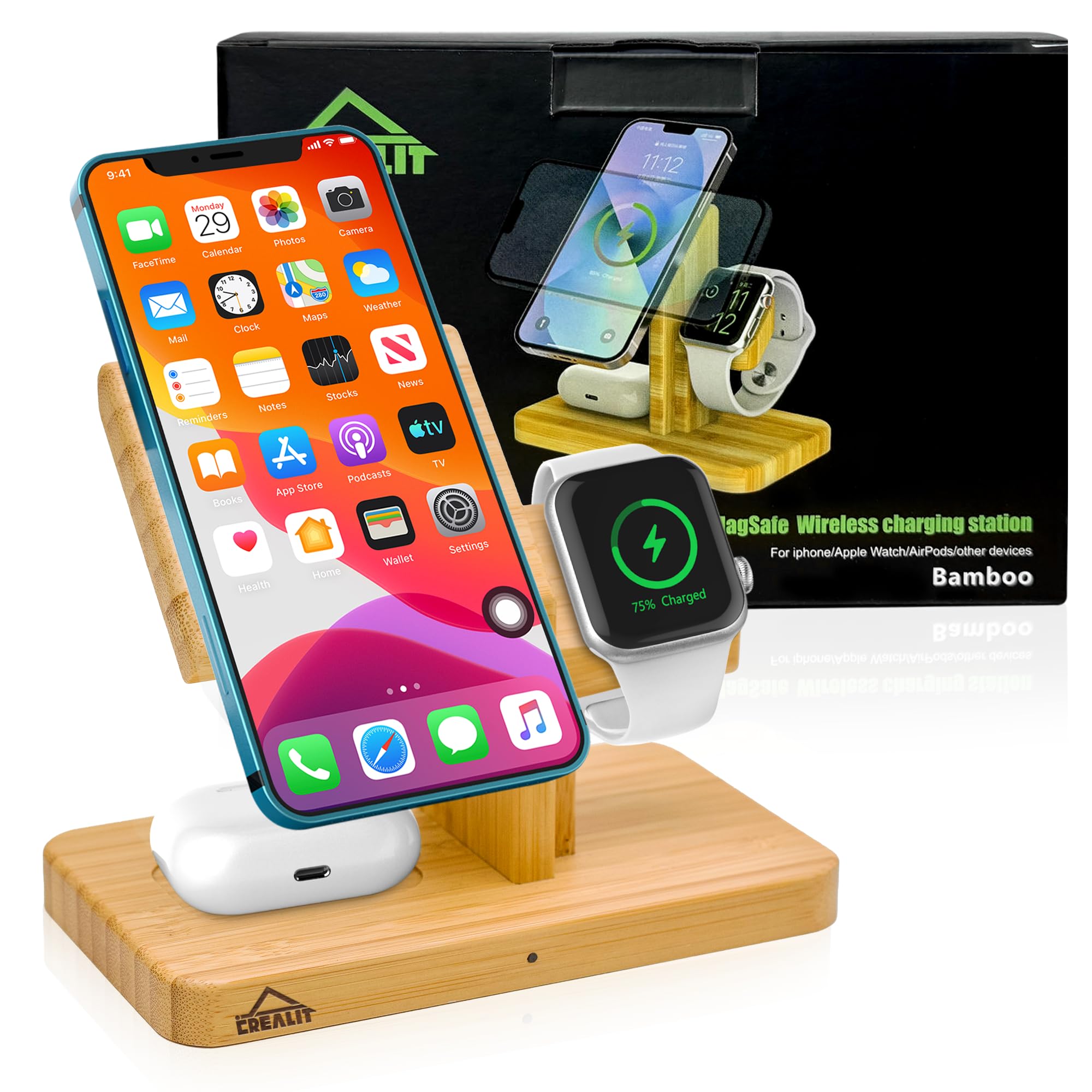3-in-1 Bamboo Wireless Charging Station with Magsafe - Fast Charger for iPhone 12/13/14/15/16, Apple Watch & AirPods | Perfect for Nightstand, Office Desk & Travel Charging
