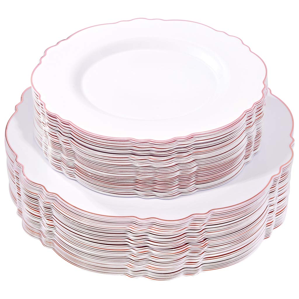 100-Pack Rose Gold Plastic Plates - Elegant Baroque White & Rose Gold Disposable Dinnerware Set (50x 10.25