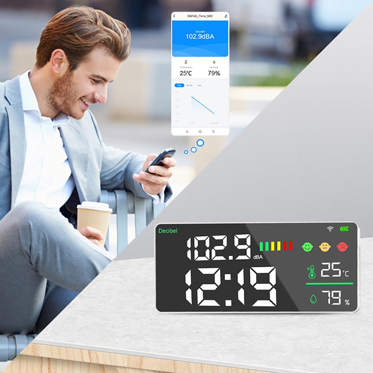 PochY WiFi Decibel Meter - Digital Sound Level Reader 30-130dB with Temperature & Humidity Sensor, Large 11