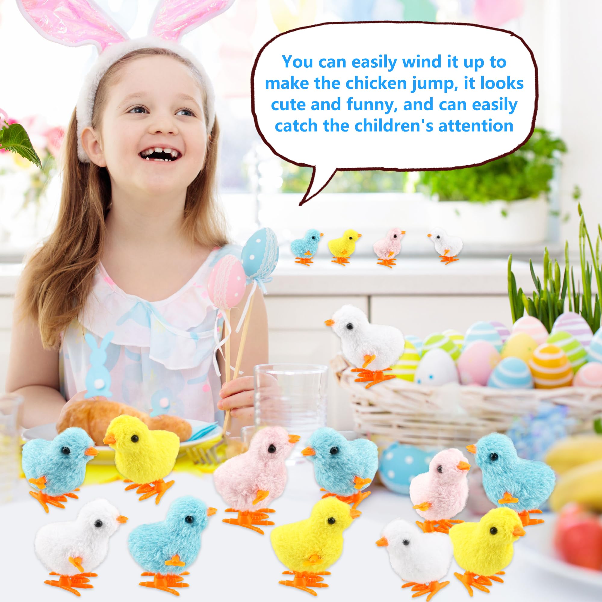 24 Pack Easter Wind Up Chick Toys - Plush Hopping Chicken Novelty Toys for Easter Party Favors, Kids Gifts & Egg Hunt Prizes (4 Colors) - Perfect for Easter Baskets, Classroom Rewards & Spring Celebrations