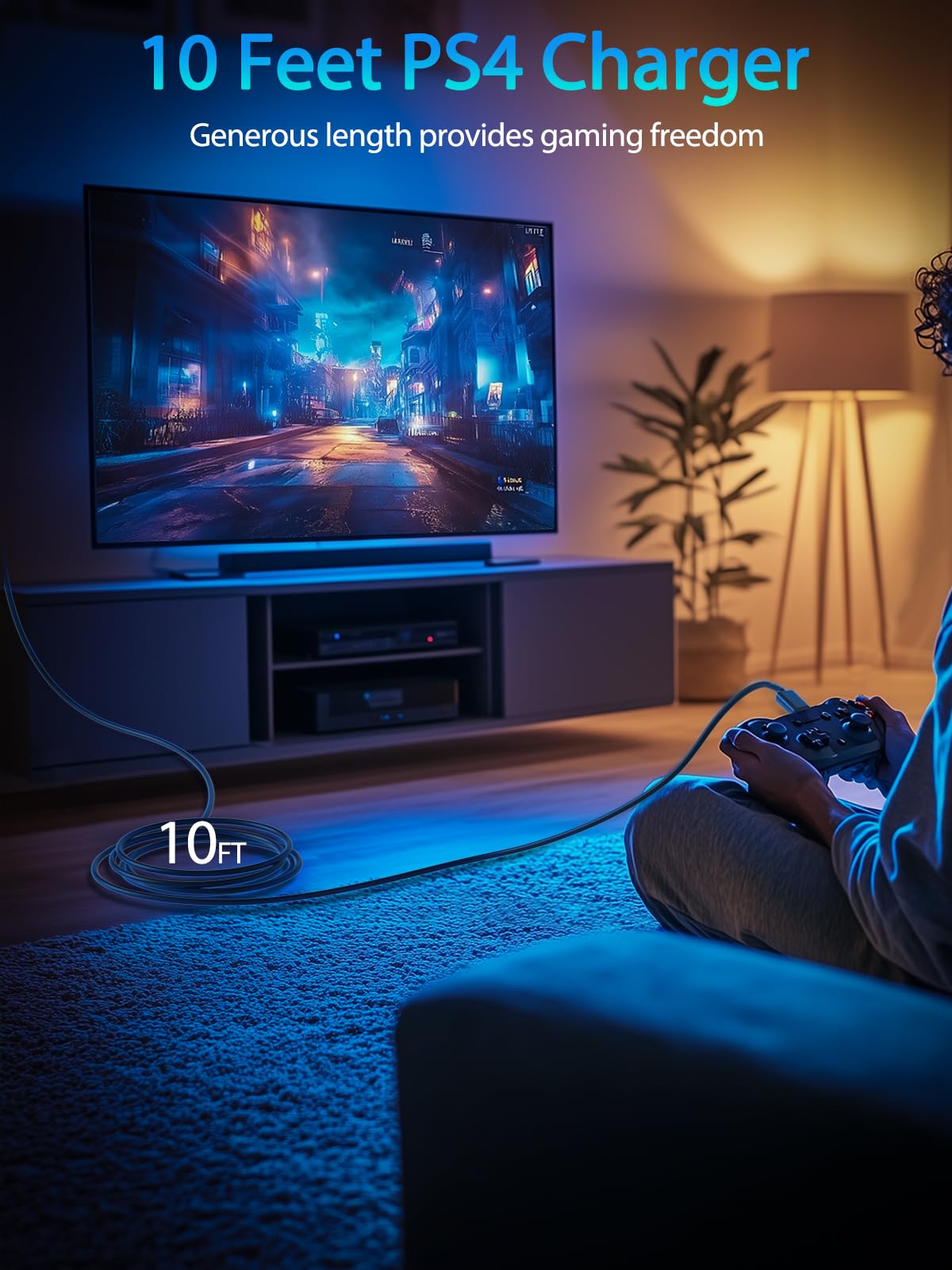10FT PS4 Controller Charging Cable - Micro USB Cord Compatible with Xbox One S/X, PS4 Slim/Pro, DualShock 4 & Fire Stick - Fast Charging & Data Sync for Gaming Accessories - Perfect for Long Gaming Sessions & Home Entertainment Setup