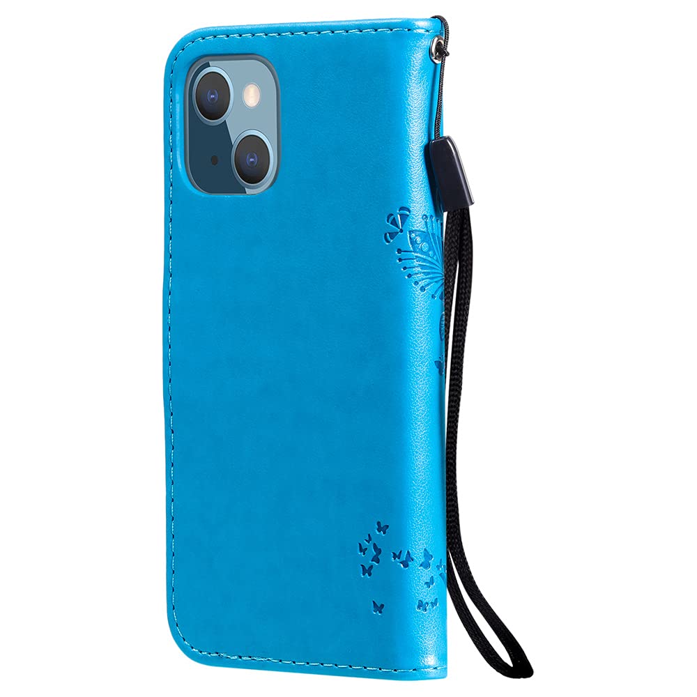 iPhone 13 Mini Wallet Case with Kickstand & Card Holder - Cute Butterfly Cat Embossed PU Leather Protective Cover for iPhone 13 Mini 5.4 Inch (Wish Tree Blue) | Perfect for Everyday Use, Travel & Hands-Free Viewing