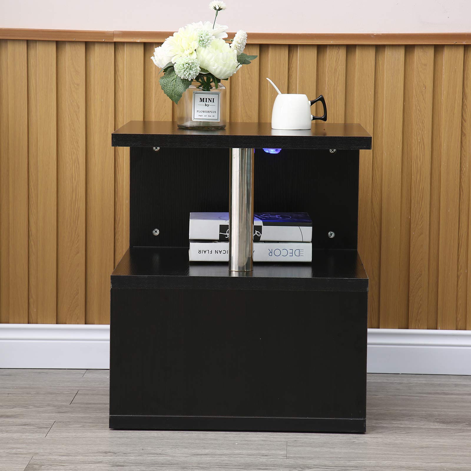 Modern Simple LED Coffee Table & Side Table - S-Shaped High Gloss Nightstand with Remote Control, Multi-Level Accent End Table for Bedroom & Living Room - Perfect for Small Spaces, Home Decor & Entertaining (Black)