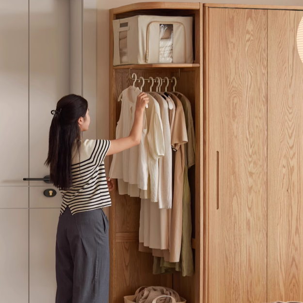 Solid Oak & Cherry Wood Modern Corner Wardrobe - Triangle Floor Standing Closet for Bedroom, Living Room, and Office Storage