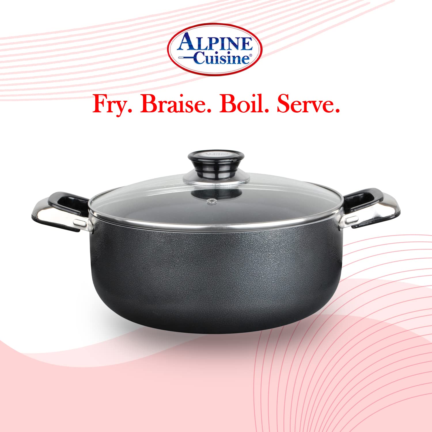 Alpine Cuisine 4 Quart Non-Stick Aluminum Dutch Oven with Tempered Glass Lid - Multi-Purpose Cookware for Braising, Boiling, Stewing - Perfect for Soups, Stews & Family Meals