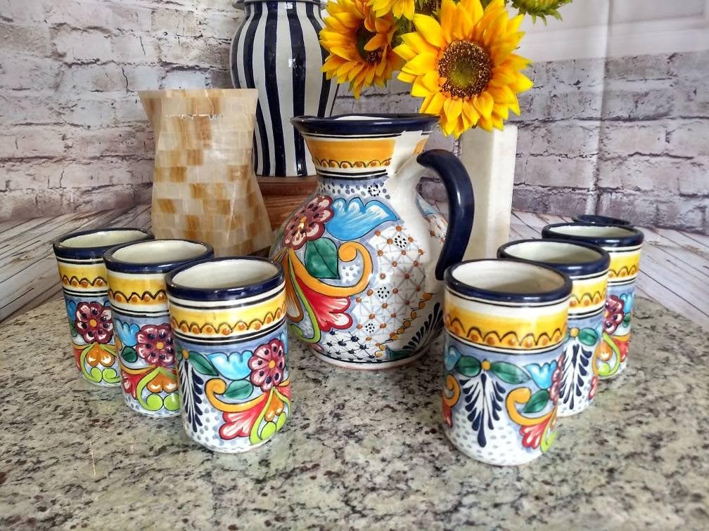 Hand-Painted Majolica Ceramic Talavera Pitcher Set with 6 Tumblers - Traditional Mexican Style Pitcher and Mug Gift Set for Margaritas, Lemonade & Iced Tea - Perfect for Parties, Home Decor & Kitchen Use