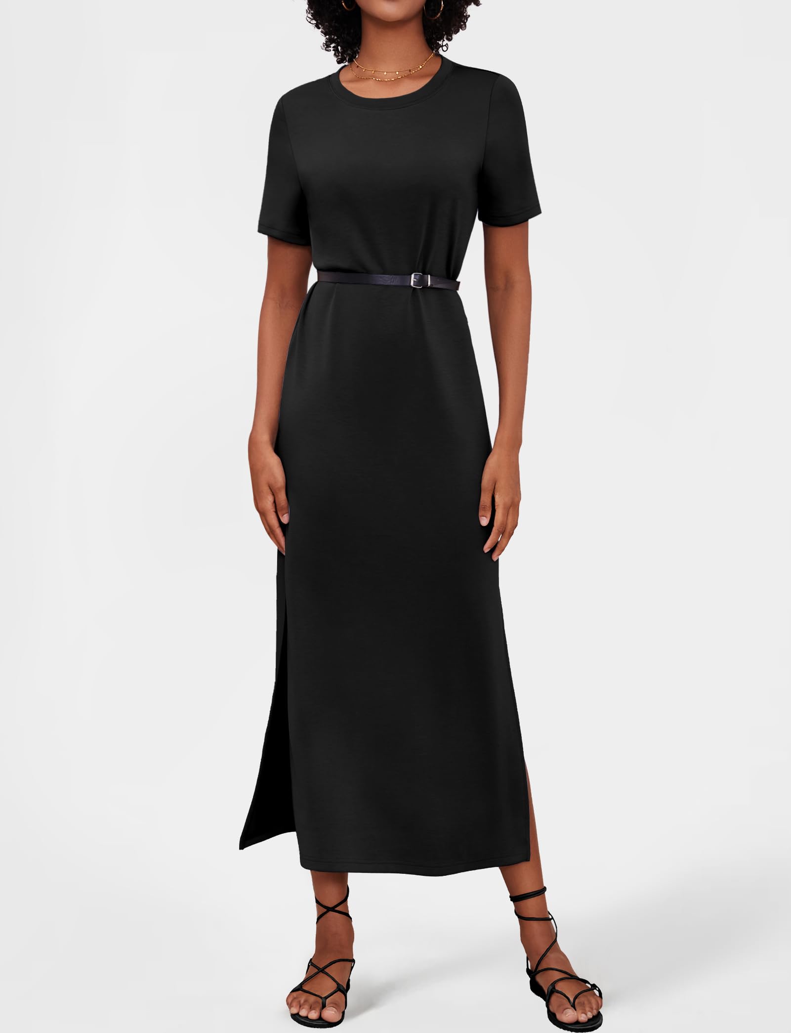 **Women's Summer Casual Short Sleeve Double Split Maxi Dress - Loose Plain Striped Long T-Shirt Dress for Beach, Vacation & Everyday Wear**
