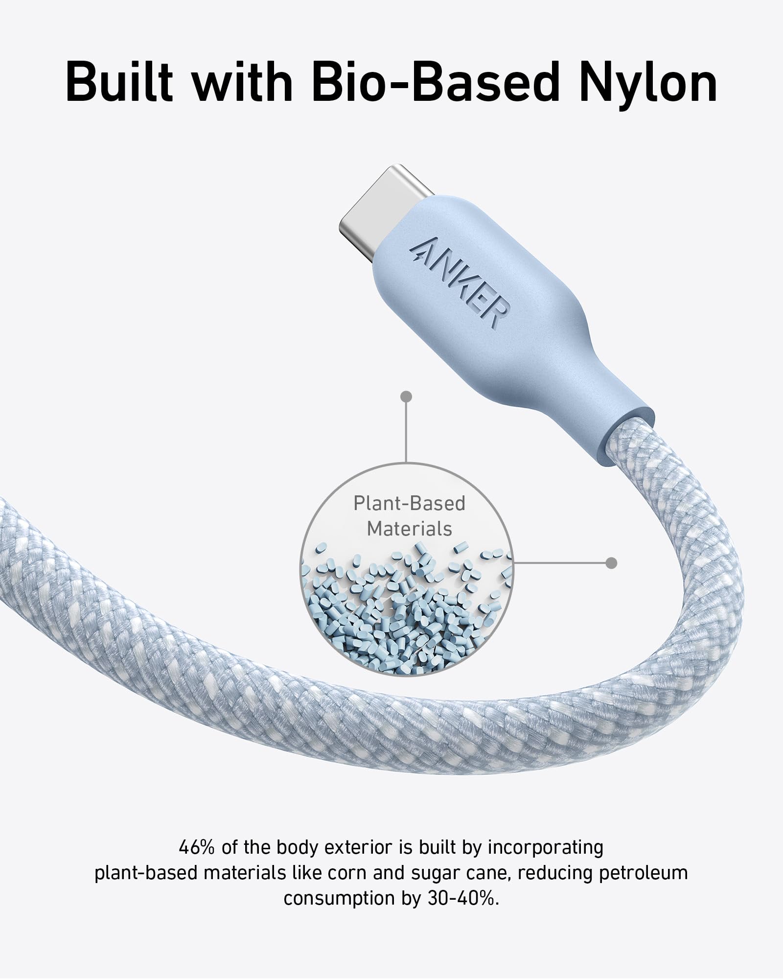 Anker 543 USB C to USB C Cable 240W 10ft Fast Charging Cable - USB 2.0 Nylon Braided Charger Cord for MacBook Pro/iPad Pro/Air 4/Galaxy S22 & More - Durable PD Charging Cable for Home Office Travel (Misty Blue)