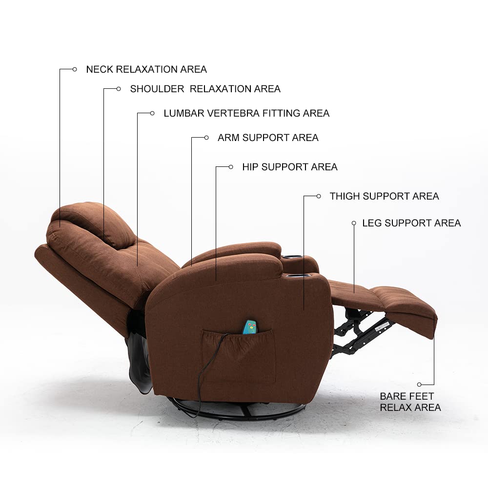 Yoglad Multi-Function Recliner Chair with Seat Heating & 8-Position Massage - Power Lift Recliner with Remote, Cup Holders, Rocking & Swivel Function - Comfortable Theater Recliner for Living Room, Home Theater, Reading Nook (Brown Textile Fabric, 36