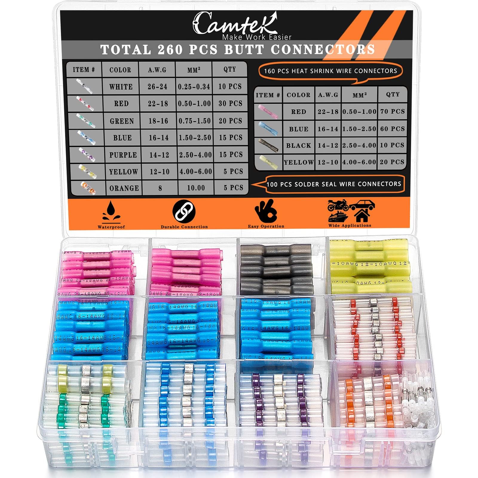 260PCS Heat Shrink Butt Connectors Kit - Waterproof Electrical Terminals for 26-8 AWG Wires | Includes Camtek 100PCS Solder Seal & 160PSC Crimp Connectors | Ideal for Automotive, Marine & Home Electrical Repairs