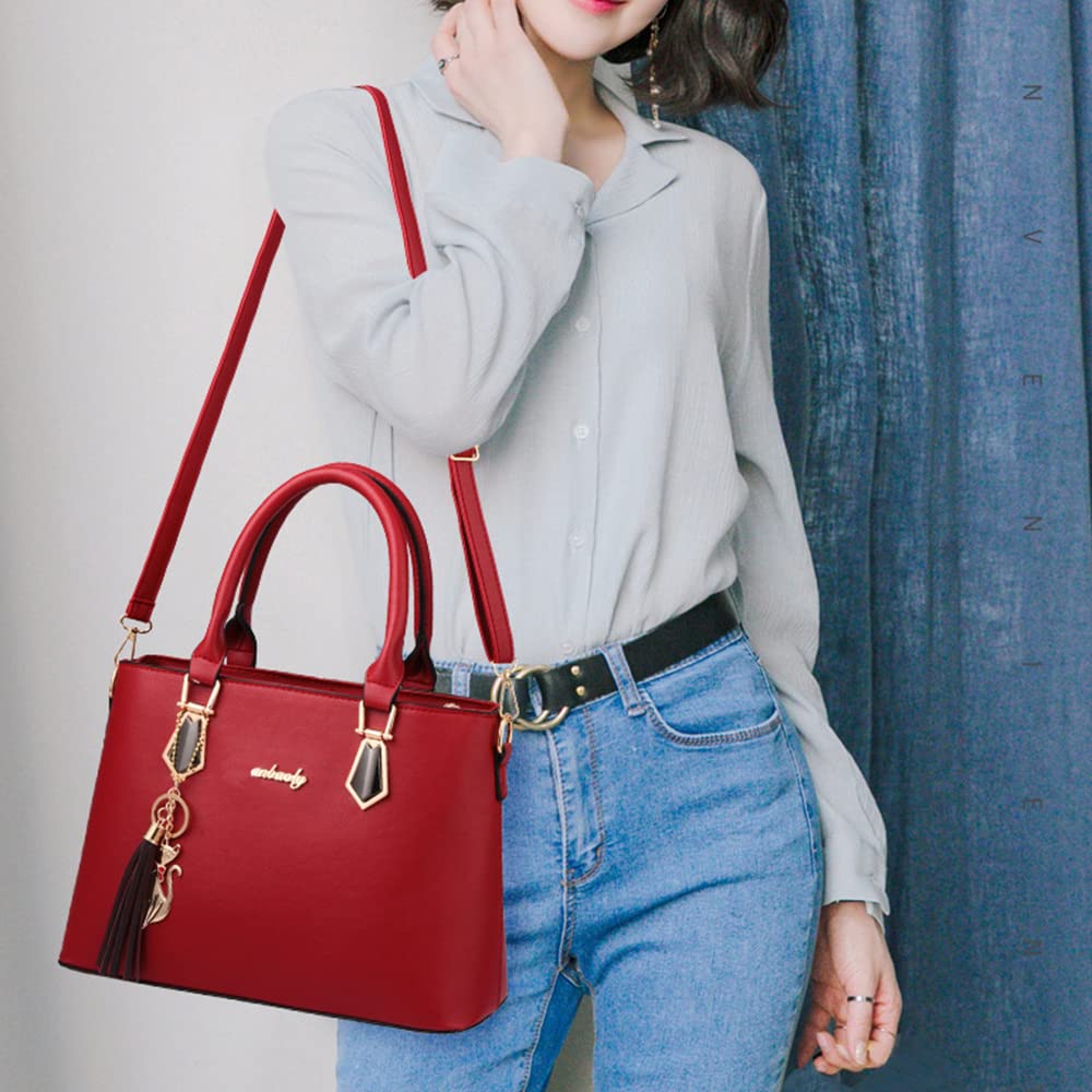 Women's Leather Top-Handle Purses - 2-Piece Set with Tassel, Shoulder Tote & Satchel Handbag for Work, Travel & Everyday Use