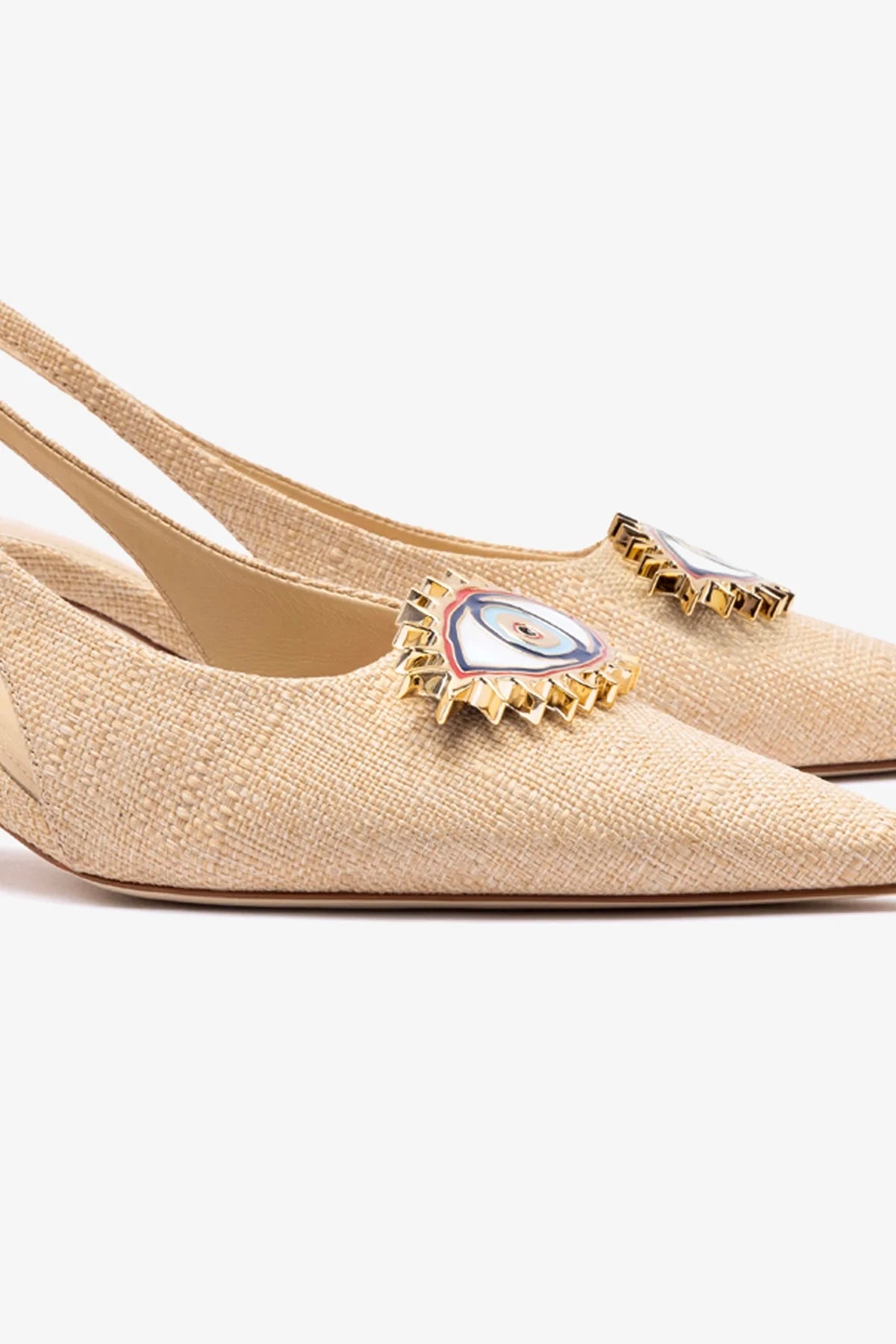 Larroudé x Libertine Beige Raffia Eye Pump Lo - Stylish Women's Low Heel Sandals for Summer, Beach, and Casual Outings