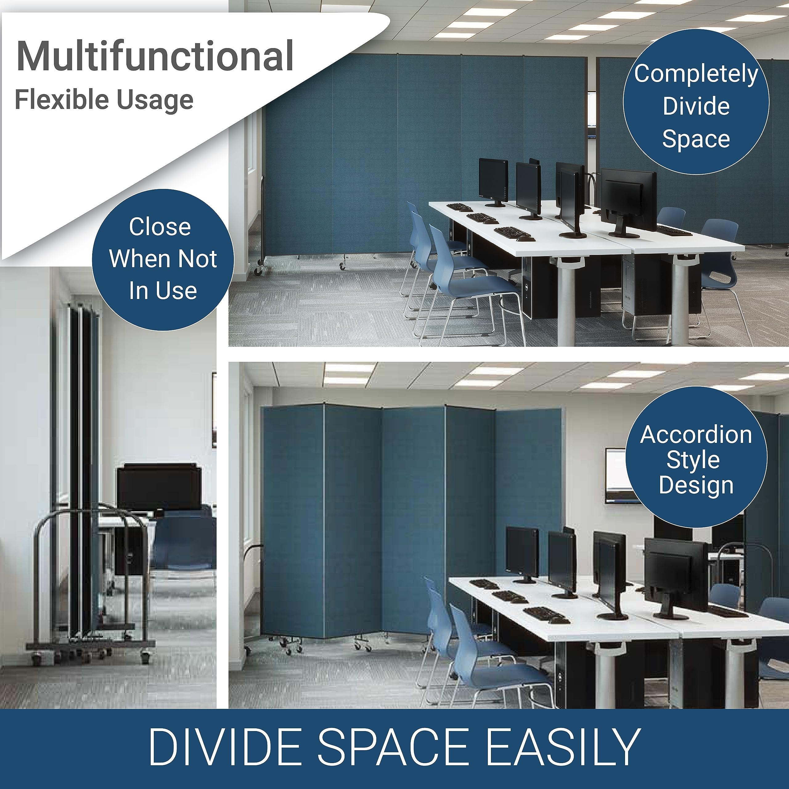CFSL503-DB 3-Panel Commercial Portable Room Divider - Privacy Screen for Offices, Classrooms & Events - Foldable Partition Wall for Space Separation