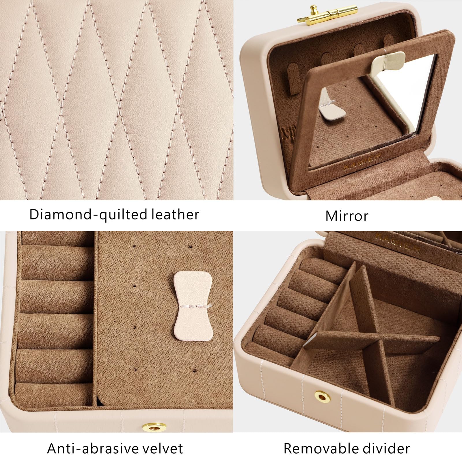 KAMIER Diamond Quilted Leather Travel Jewelry Organizer Box - Portable Women's Jewelry Case with Mirror, Small Jewelry Storage for Necklaces & Rings - Perfect for Travel, Home Use & Christmas Gifts (Beige)