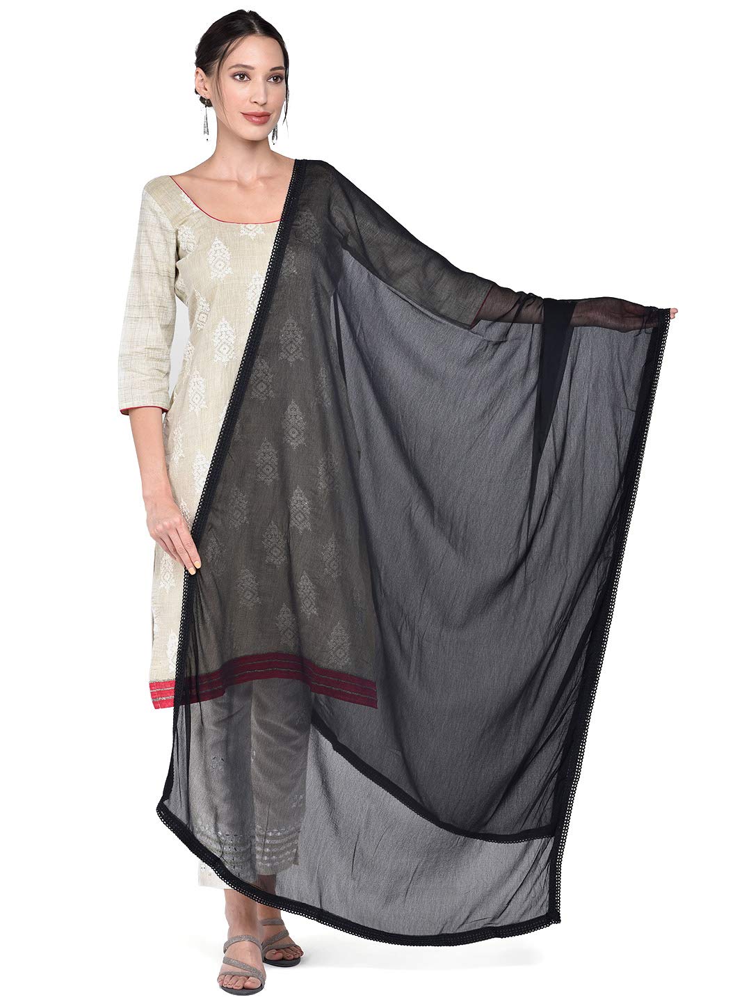 DUPATTA BAZAAR Women's Black Pure Chiffon Dupatta Scarf with Elegant Lace Trim - Perfect for Weddings, Parties, and Traditional Outfits