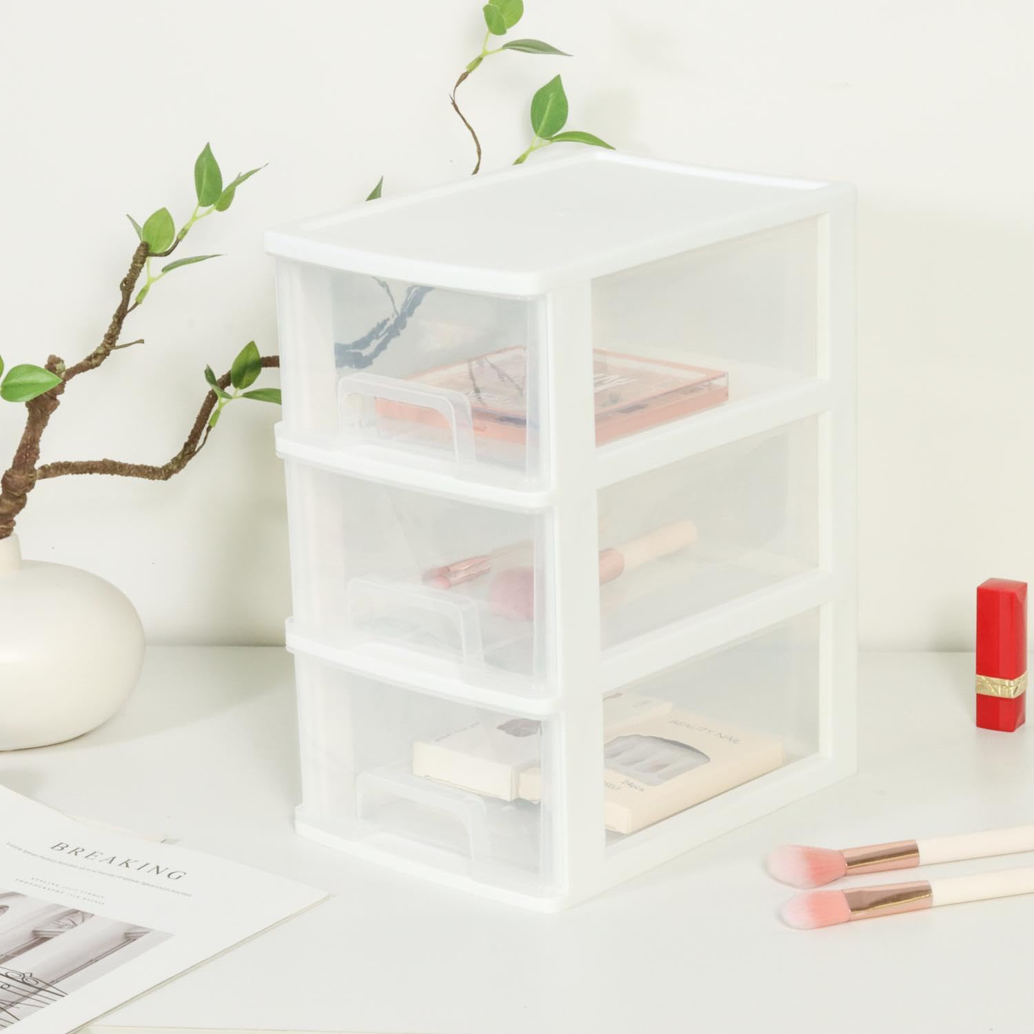 3-Drawer Plastic Storage Organizer - White Desktop Organizer for Home & Office Use