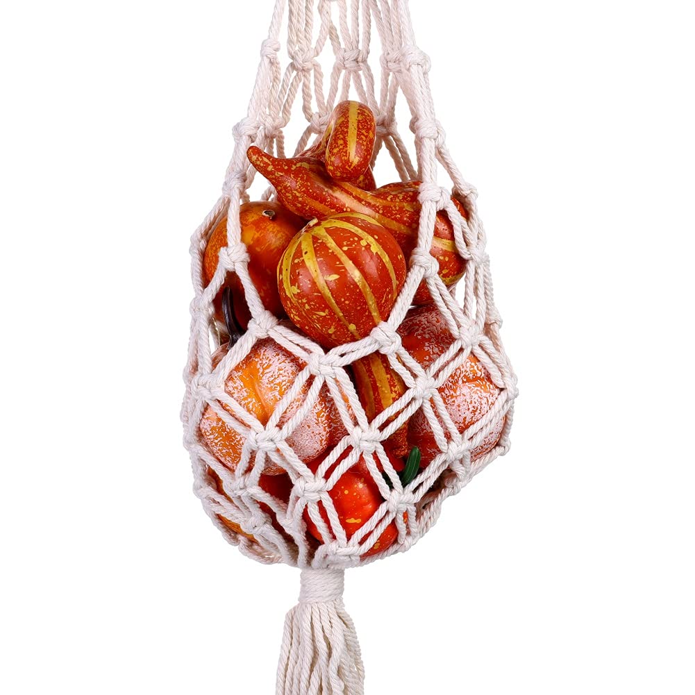 Macrame Hanging Basket for Fruits & Vegetables - Cotton Boho Wall Hanging Produce Holder, Banana Hammock, Kitchen Counter Space Saver - Perfect for Organizing Fresh Produce in Small Kitchens, Balconies or Boho Home Decor (White)
