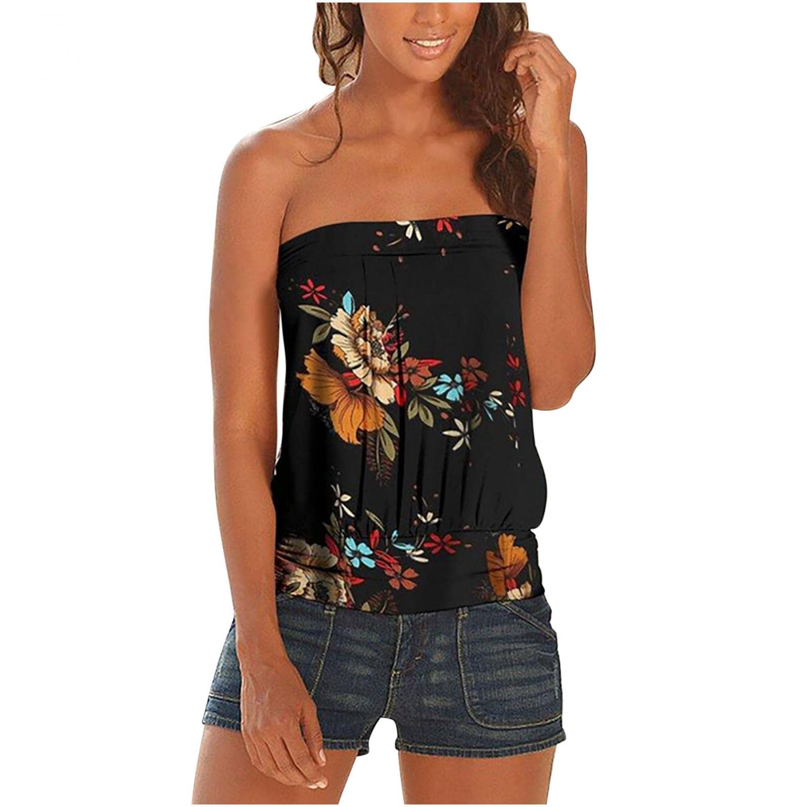 Vintage Women's Strapless Tank Tops - Summer Tube Tops Casual Off Shoulder Blouse for Beach, Party & Holiday Wear