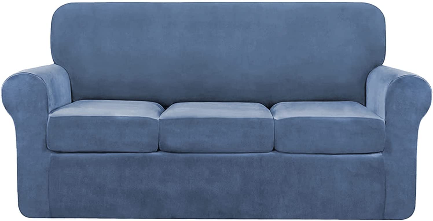 Stretch Velvet Sofa Slipcover with Separate Seat Cushion Covers - Super Soft Non-Slip Couch Cover Furniture Protector with Elastic Bands for 2-Seater Sofa - Blue - Perfect for Living Room, Home Decor & Pet-Friendly Furniture Protection