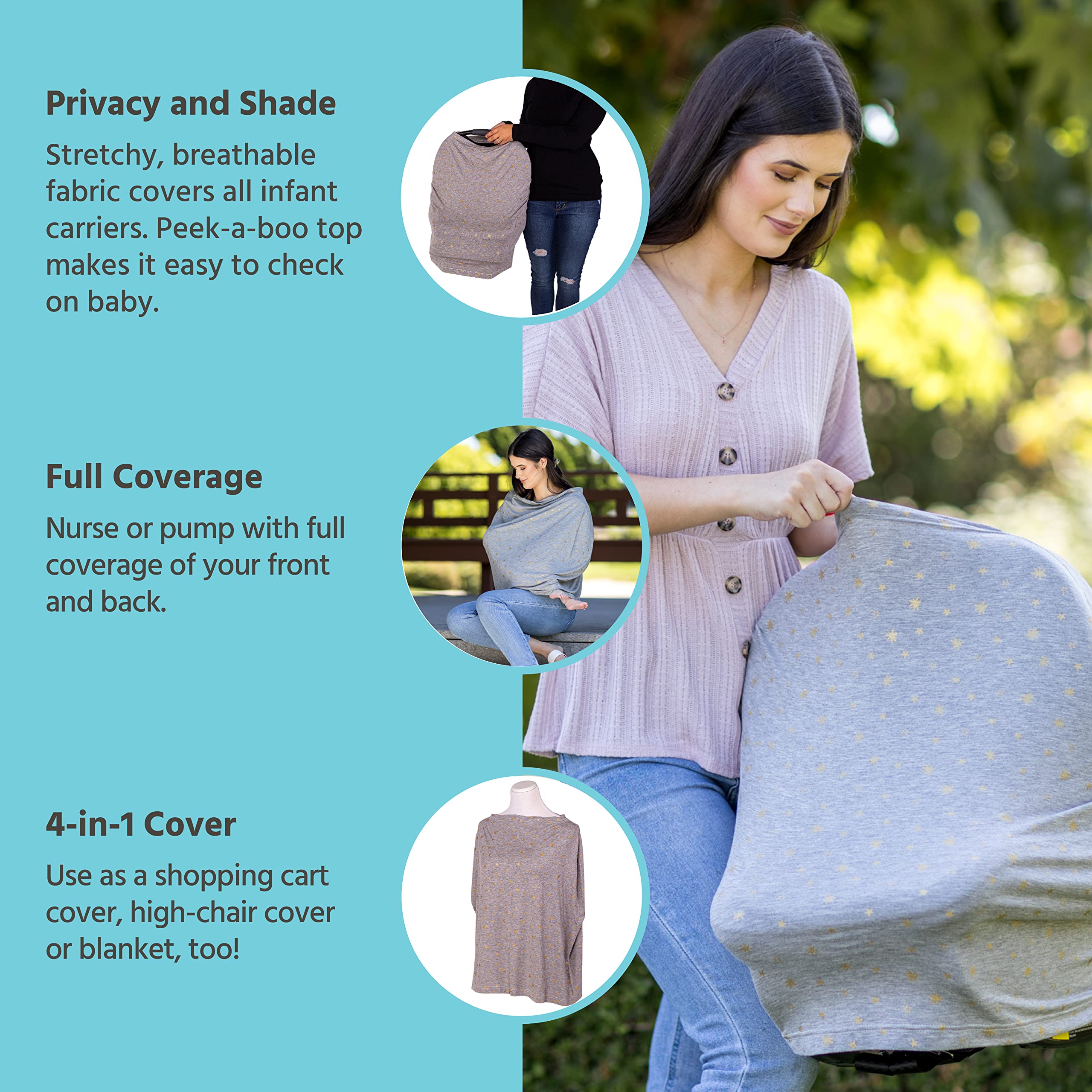 J.L. Childress 4-in-1 Baby Car Seat Cover - Stretchy Multi-Use Canopy & Privacy Shield - Nursing Cover for Breastfeeding - Gender Neutral Grey/Gold Stars Design - Perfect for Travel, Shopping & Outdoor Activities