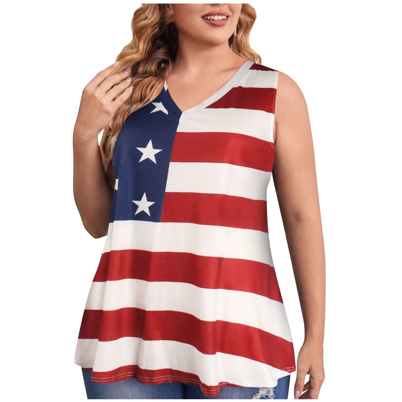 Plus Size American Flag Tops for Women - Sleeveless Summer Tee for 4th of July & Outdoor Events