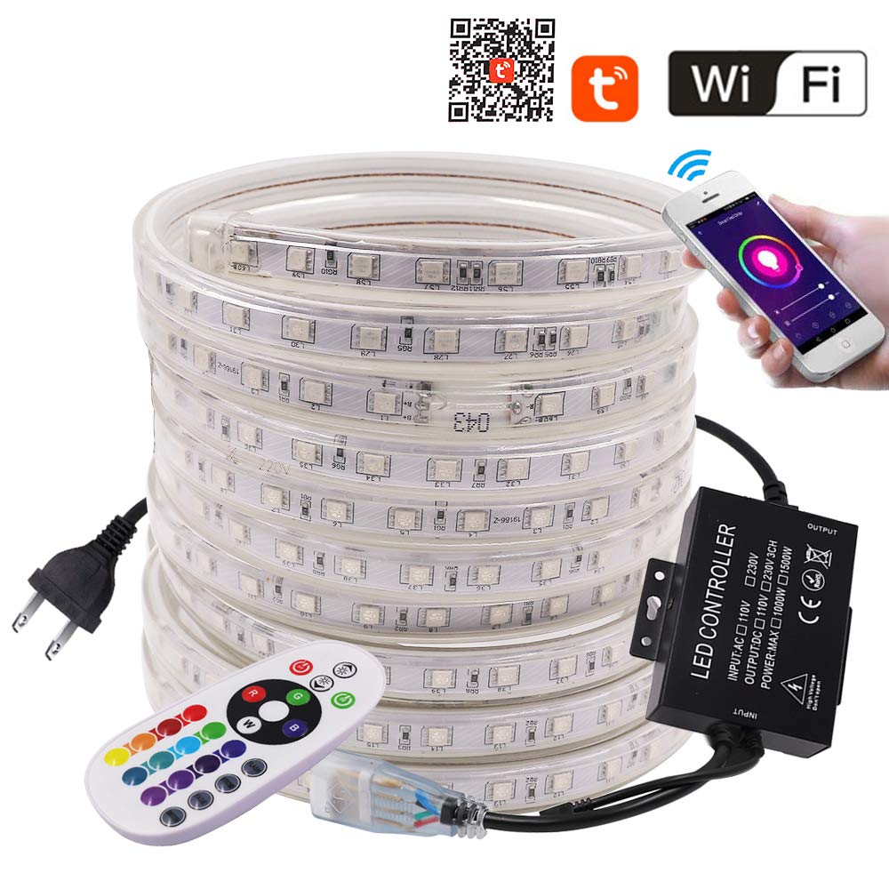 XUNATA 50ft WiFi RGB LED Strip Lights - 5050 60 LED/m Waterproof Dimmable Light Strips with 1500W Controller, Works with Alexa & Google Home, iOS/Android Music Sync - Perfect for Bedroom, Kitchen, Party & Home Decoration (15m)