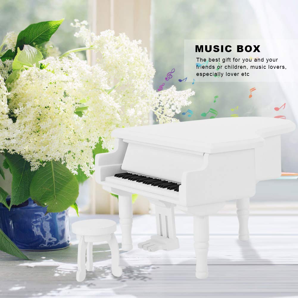 White Wooden Piano Music Box - Handcrafted Jewelry Storage Box with Stool | Elegant Home Decor Gift for Music Lovers | Perfect for Bedroom, Living Room & Wedding Decor