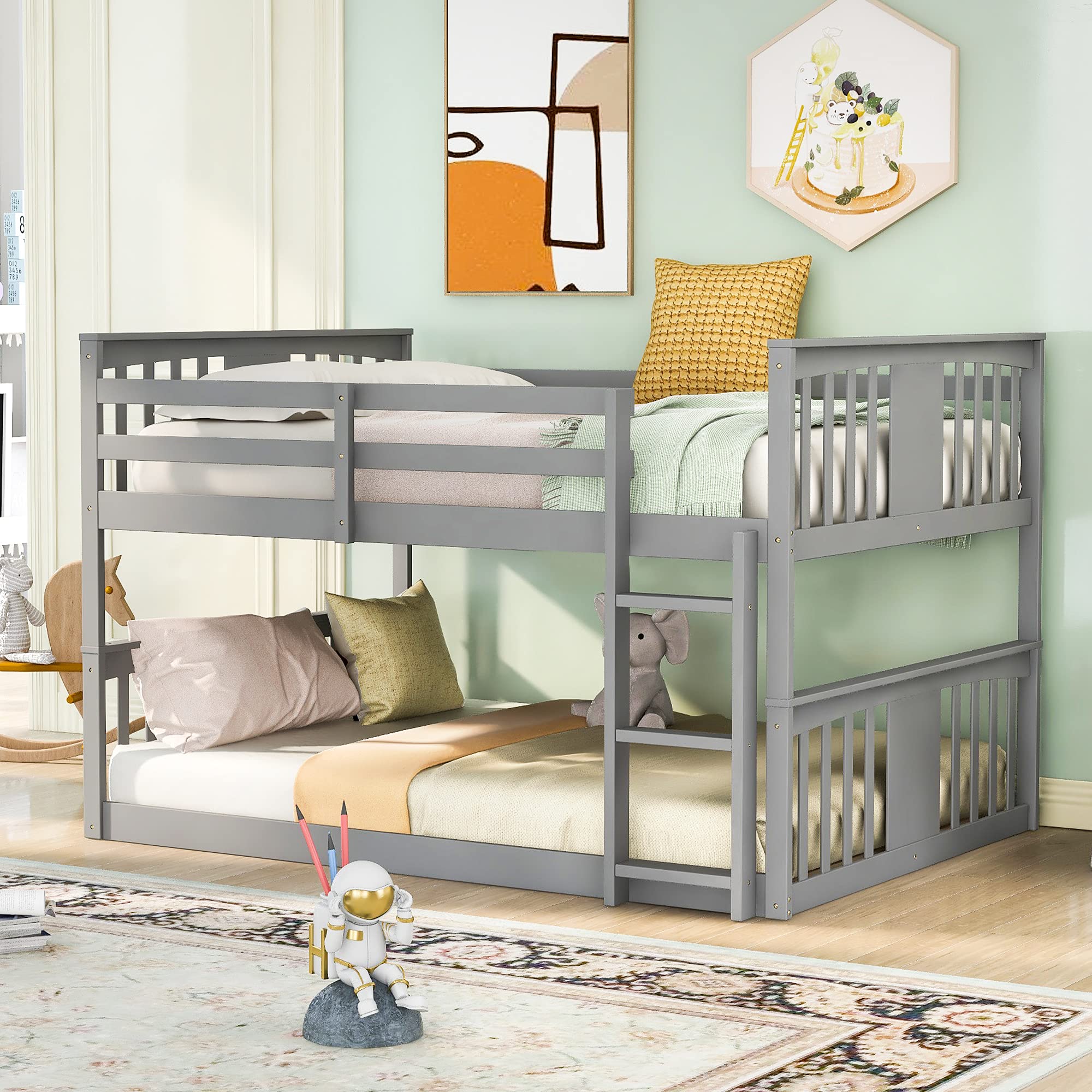 Full Over Full Wooden Bunk Bed for Kids & Toddlers with Built-in Ladder & Safety Guard Rails - Gray Twin Bunk Bed Frame for Boys Girls Bedroom, Dormitory, or Small Space Saving Kids Room Furniture