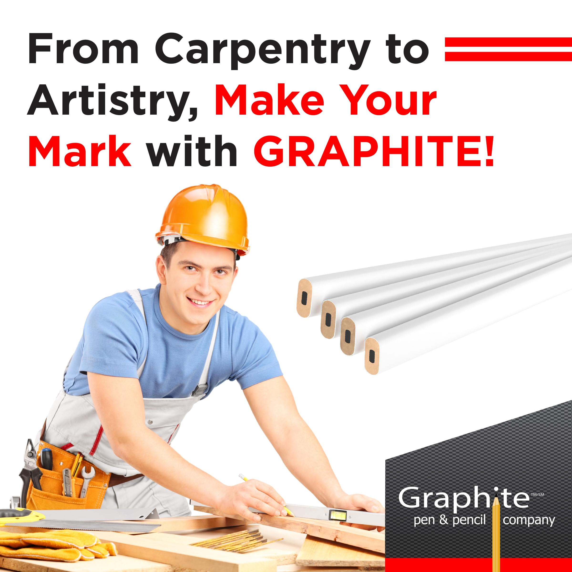 72-Pack GRAPHITE Hard Lead Carpenter Pencils #2 (HB) for Woodworking, Lumber Marking & Construction - Bulk White Wooden Pencils for Professionals & DIY Projects