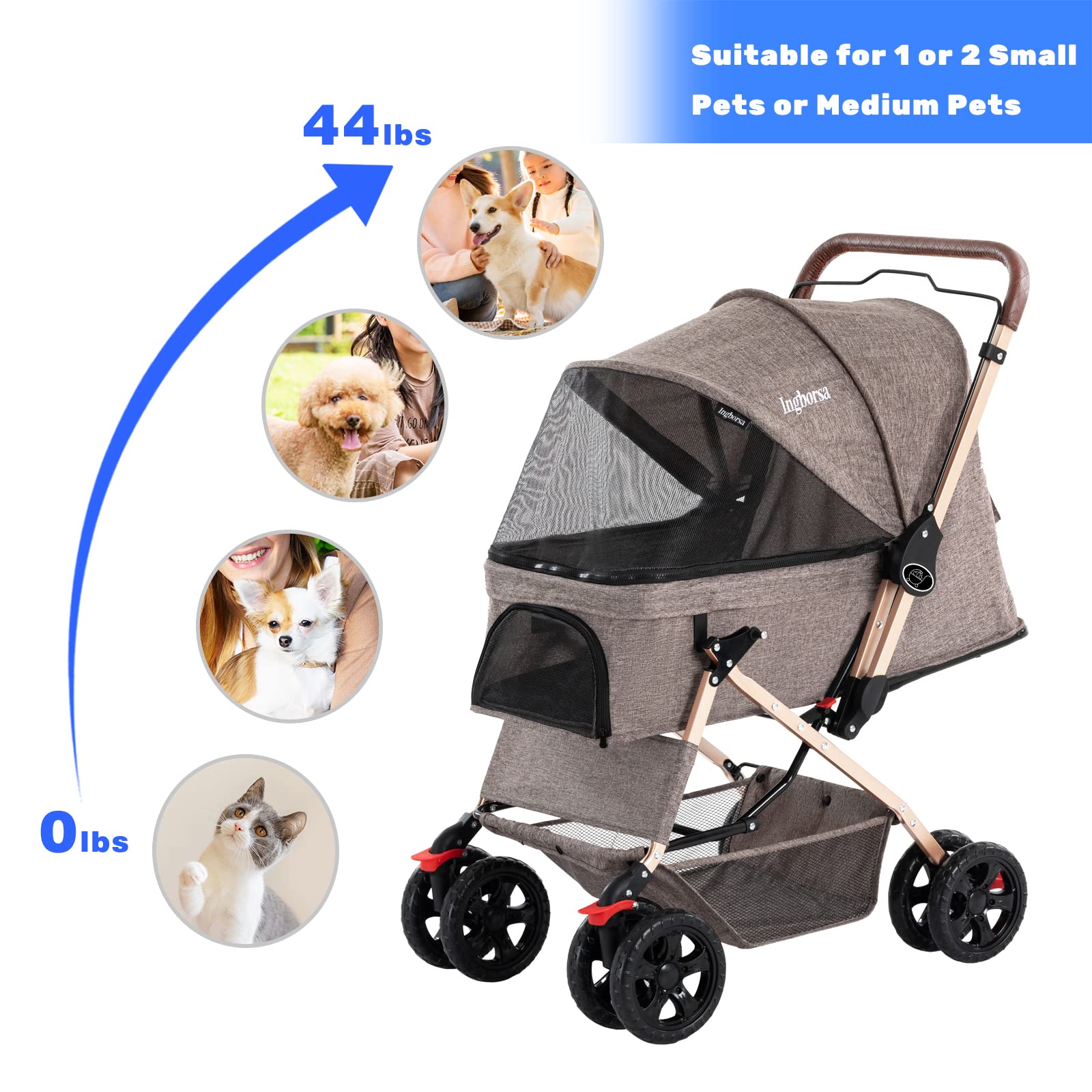 Premium Pet Stroller for Small & Medium Dogs & Cats - 4-Wheel Folding Carrier with Weatherproof Cover & Storage Basket - Ideal for Outdoor Walks, Vet Visits & Travel (Gold)
