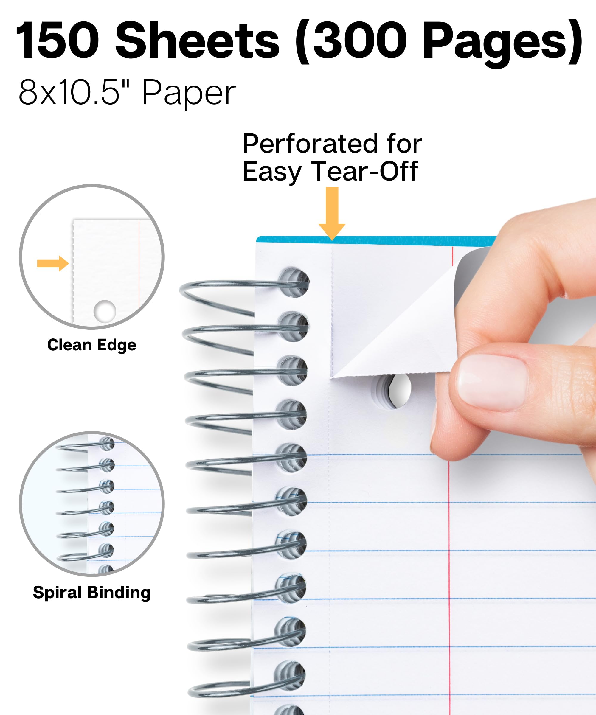 Dunwell 3-Subject Spiral Notebook - Blue Plastic Cover, 150 Sheets (300 Pages) Wide Ruled 8x10.5 Inch, 3-Hole Punched Perforated Pages with 3 Divider Pockets - Perfect for School, Office & College Note Taking