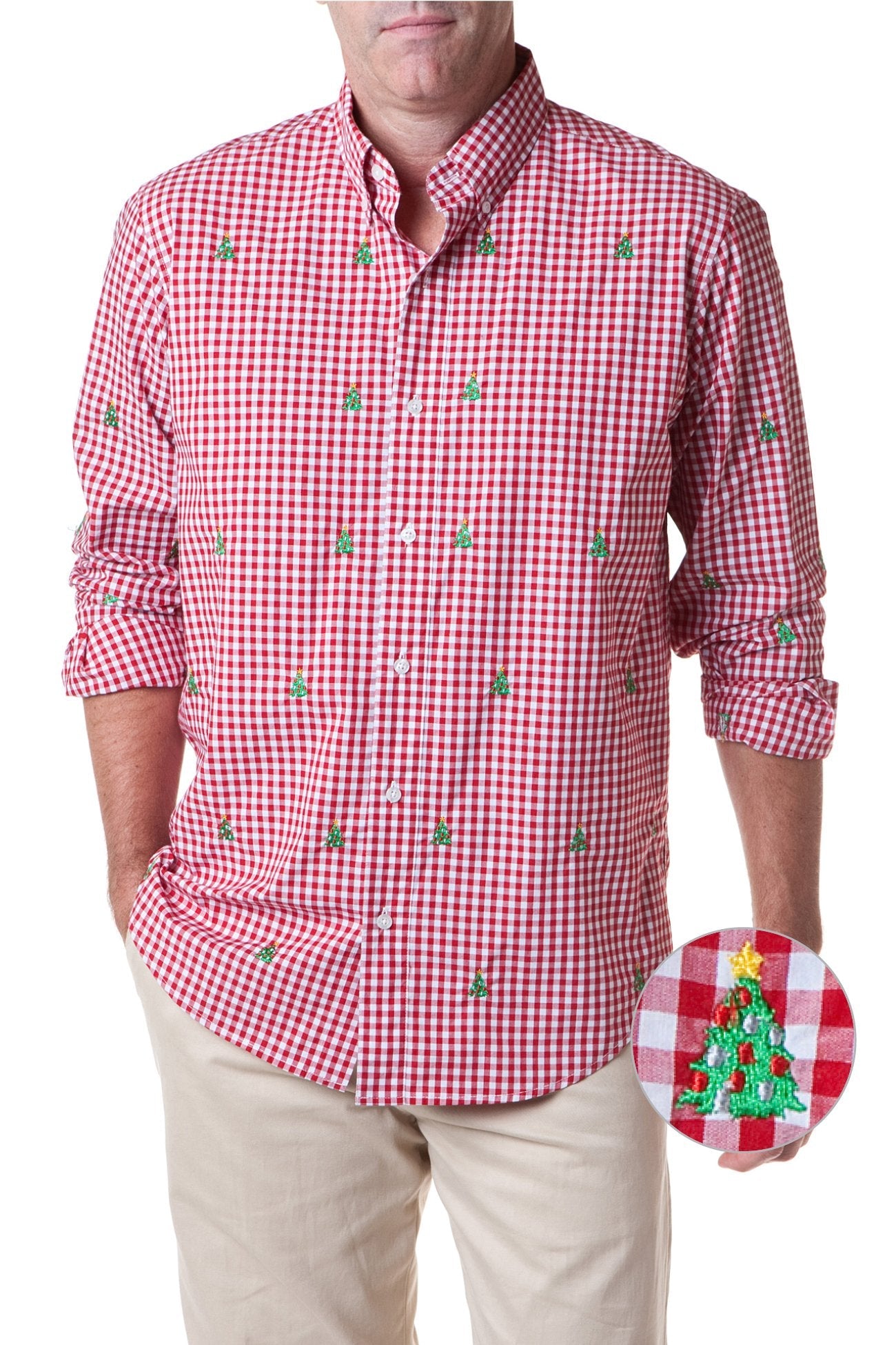 Straight Wharf Red Gingham Shirt with Christmas Tree Print - Perfect for Holiday Parties & Festive Family Gatherings