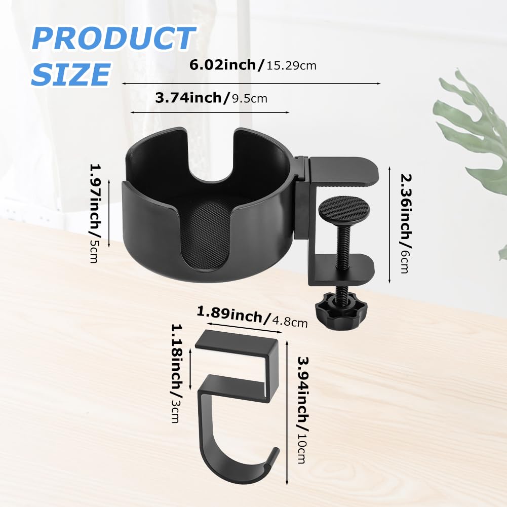 Anti-Spill Desk Cup Holder Clamp - Metal Office & Gaming Desk Accessory for Coffee Mugs, Water Bottles, Headset & Pencil Organization (3.74 Inch, Black) - Perfect for Home Office, Gaming Setup & Workspace Organization