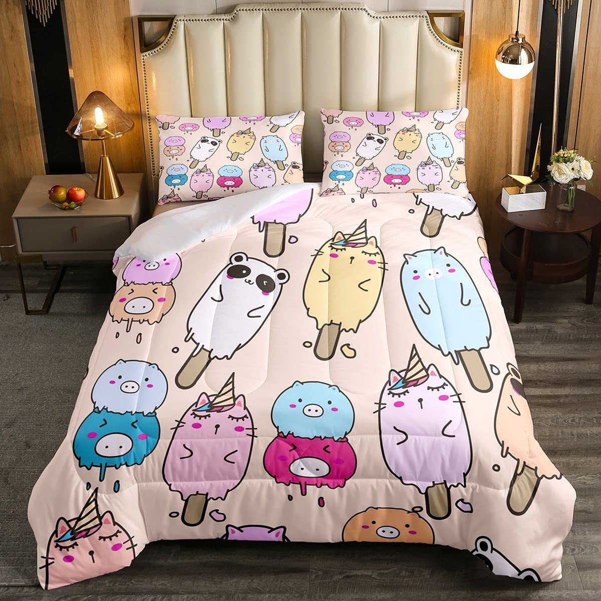 Feelyou Cute Animal Bedding Set for Kids - Ice Cream, Pig & Panda Comforter Set | Cartoon Unicorn Duvet Cover | Twin Size Quilt Set in Beige | Perfect for Nursery, Kids Room & Sleepovers