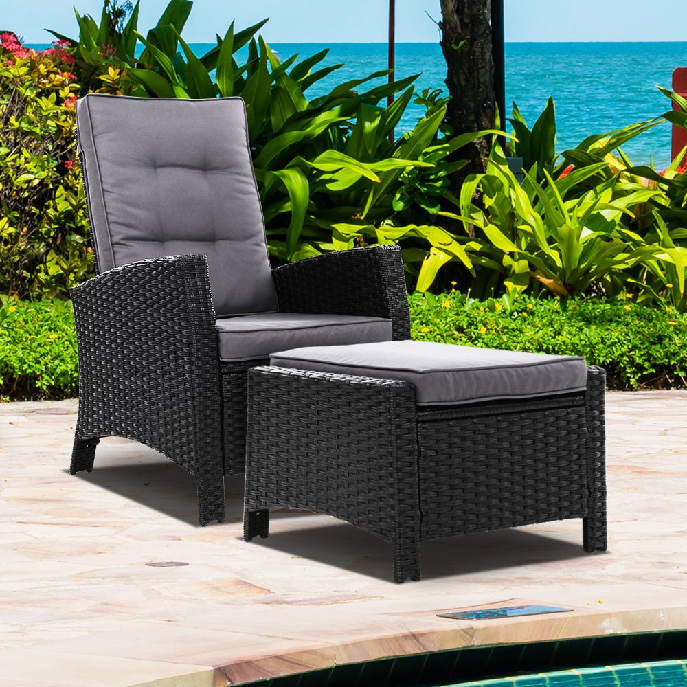 Elise Outdoor Recliner Chair with Ottoman - Patio Lounge Chair, Black - Perfect for Backyard, Poolside & Garden Relaxation