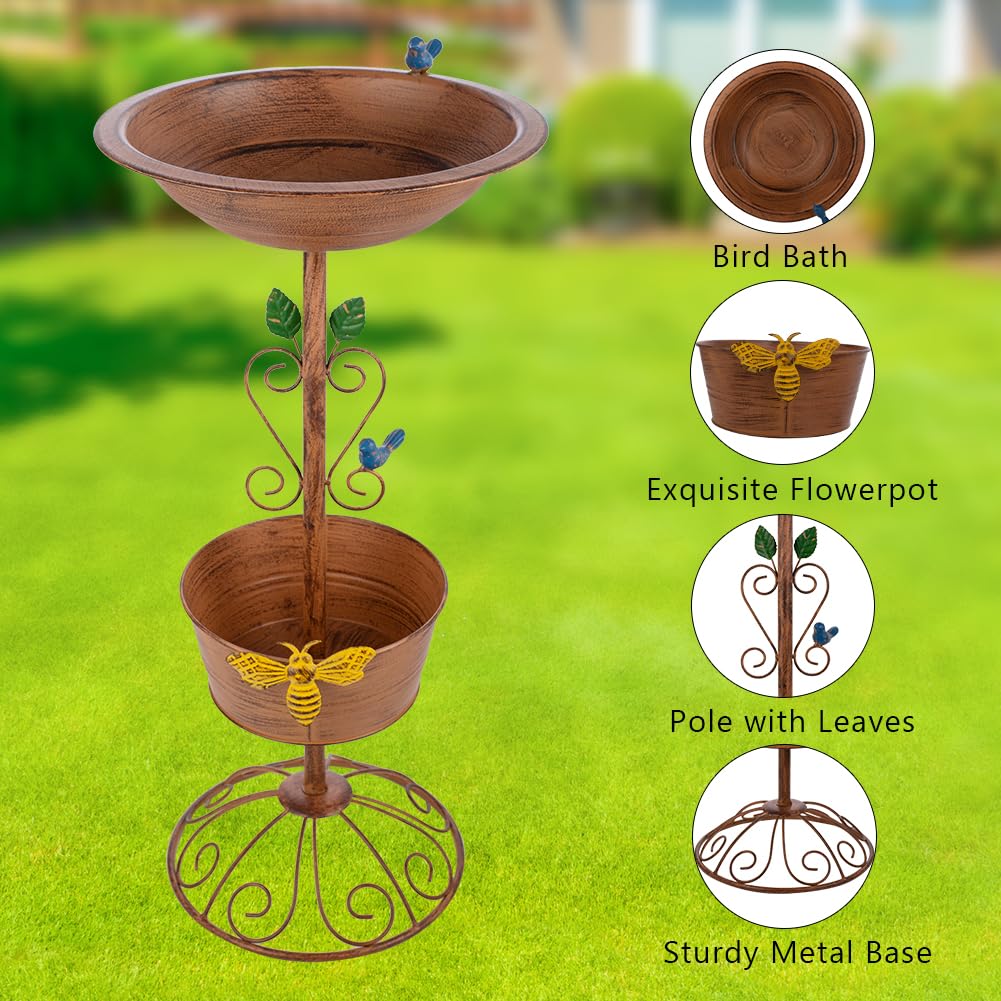 VEWOGARDEN 28 Inch Outdoor Metal Bird Bath Planter Pedestal - Decorative Garden Standing Birdbath with Flower Pot for Patio, Yard, Lawn & Backyard Decor - Attracts Birds & Enhances Outdoor Spaces