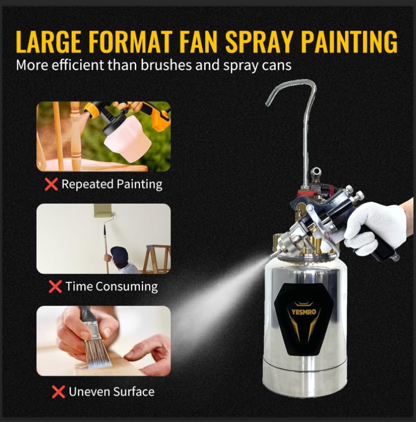 2L Pressure Pot Spray Gun for House Painting - 2mm Nozzle Primer Gun with 10FT Air Hose, 45PSI Max - Perfect for Architectural, Construction & Automotive Painting Projects