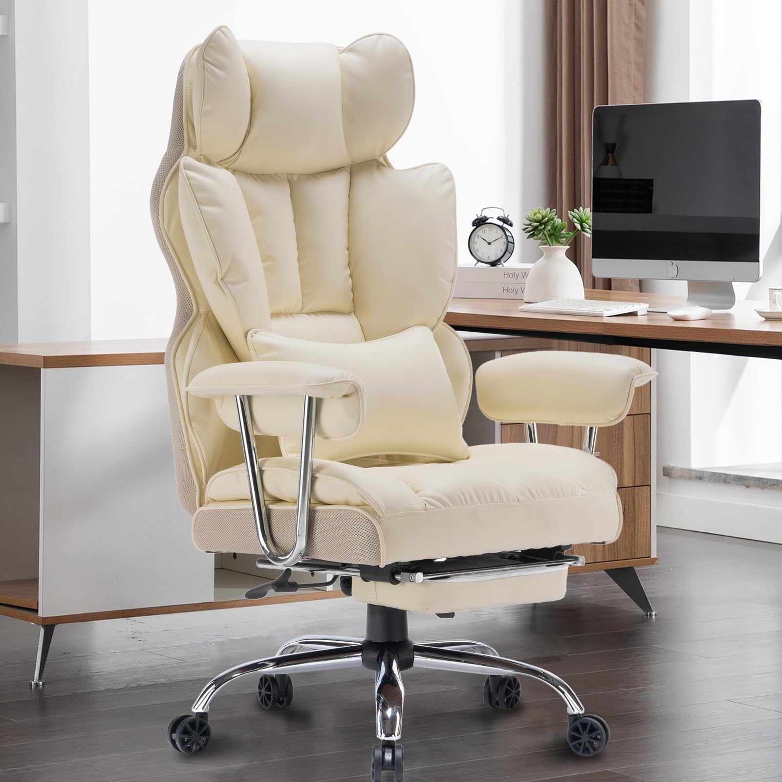 Efomao 400LBS Heavy Duty Executive Office Chair - Big and Tall PU Leather Computer Desk Chair with Adjustable Lumbar Support & Footrest - Ergonomic Home Office Chair for Work, Gaming, and Study (Beige)