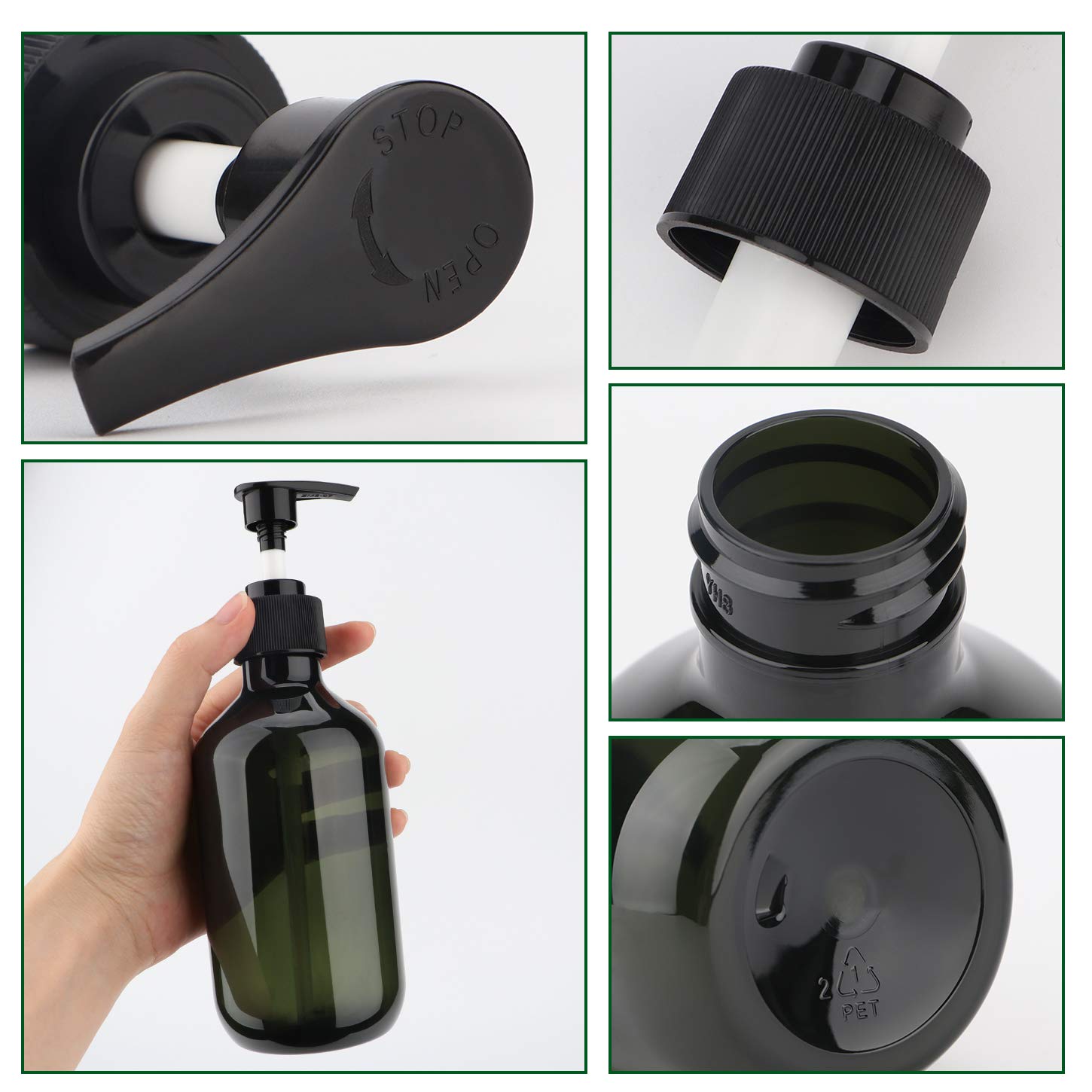 10oz Green Pump Bottle 2 Pack - Plastic Shampoo Pump Dispenser for Lotion & Body Wash | Refillable Squeeze Containers for Bathroom, Salon & Travel