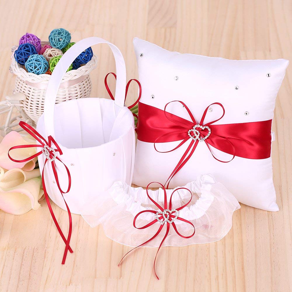 5-Piece Red Wedding Accessories Set - Flower Girl Basket, Guest Book Pen, Ring Pillow & Garter - Perfect for Wedding Ceremonies, Bridal Showers & Reception Decor