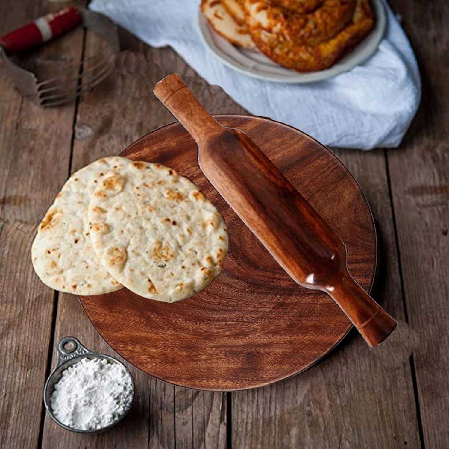 Premium Sheesham Wood Chakla Belan Set - 10 Inch Rosewood Rolling Pin & Board for Roti, Chapati, Dough - Ideal for Indian Cooking, Baking, and Homemade Flatbreads
